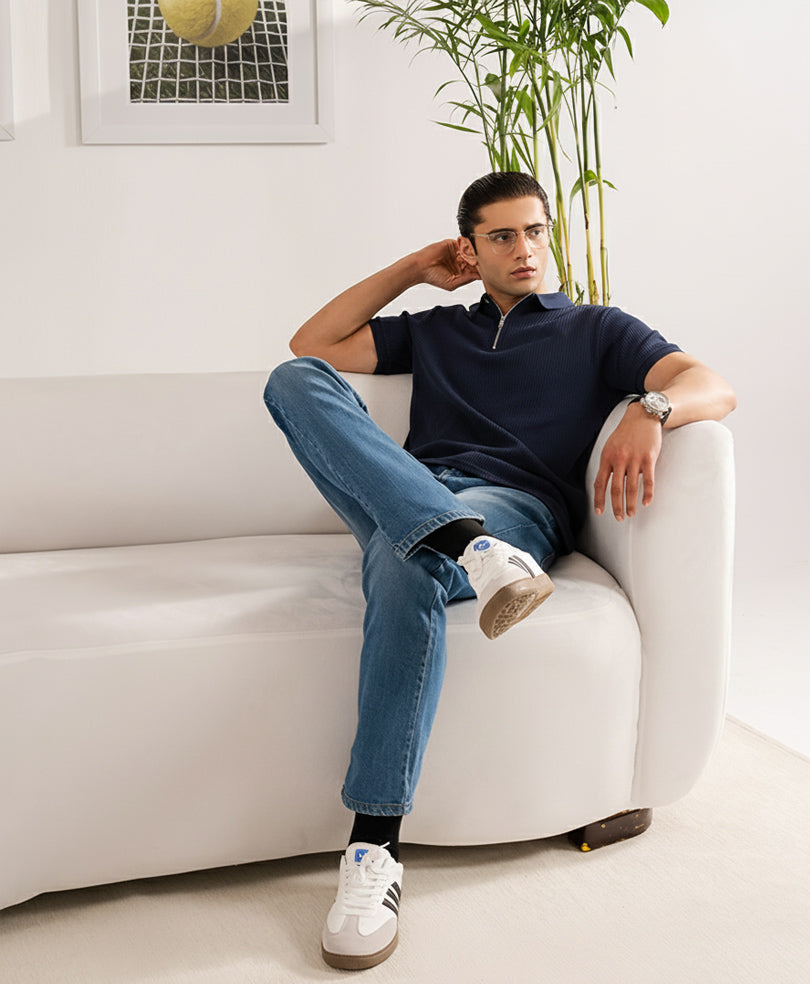 Navy Waffle Zip POLO