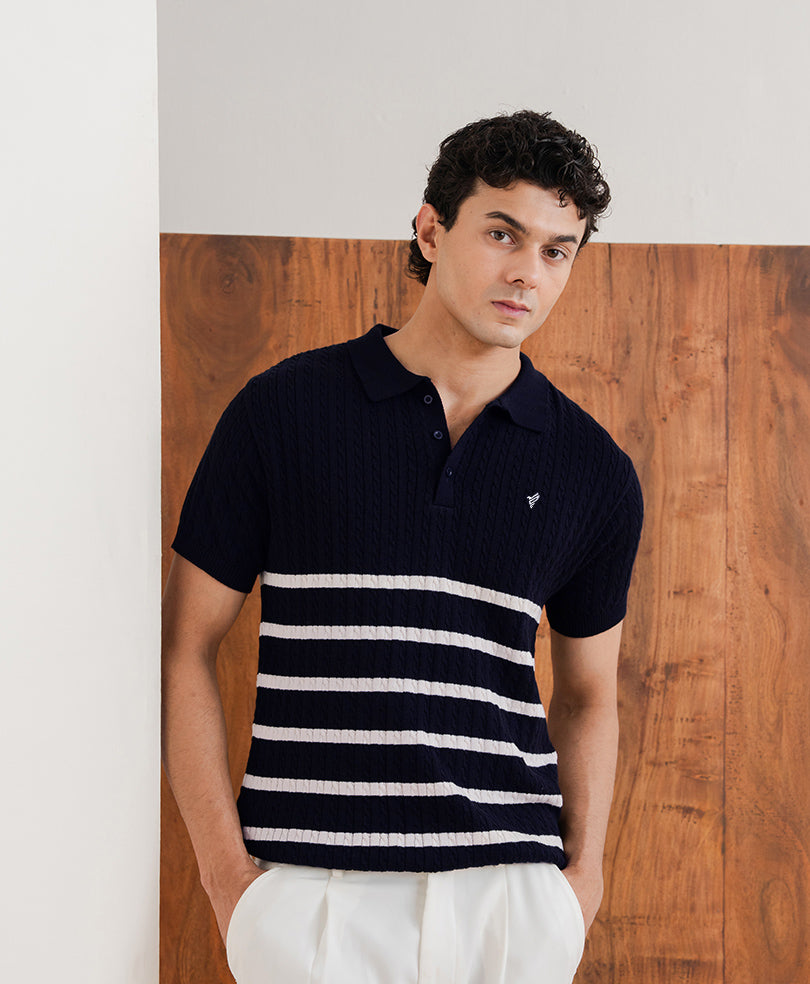 Navy Striped Cable Knit POLO