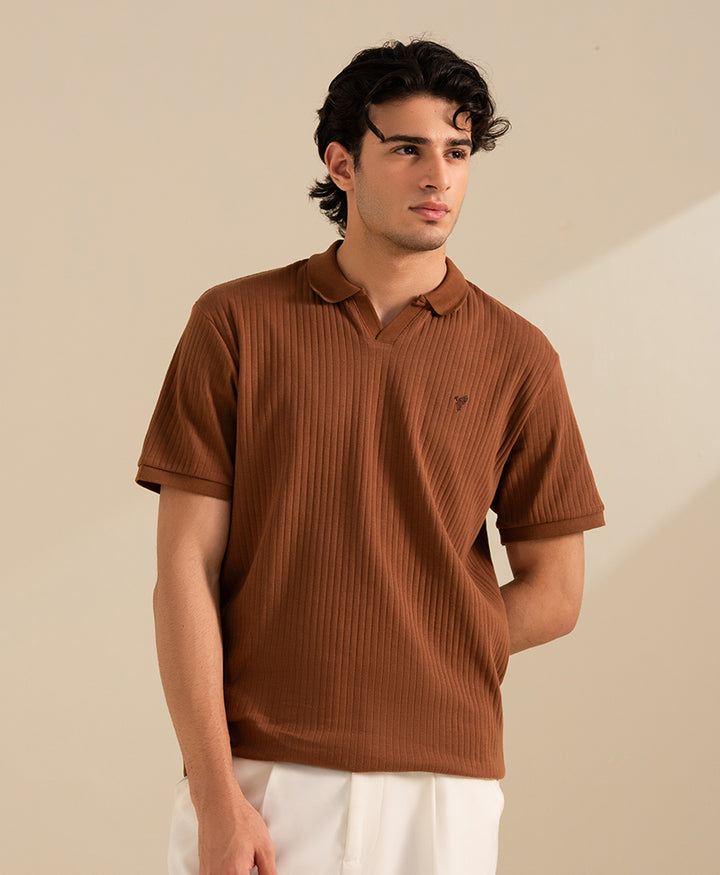 Mocha Brown Fine Drop Needle V-Neck POLO