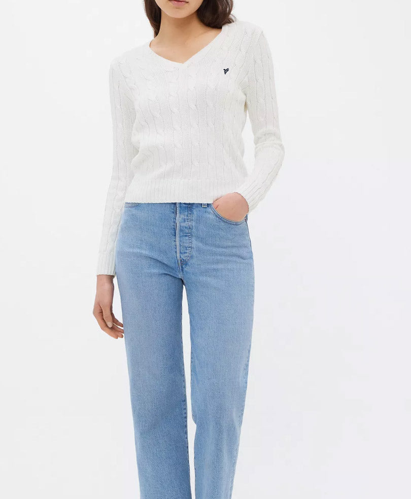 White V-Neck Cable Knit Sweater (Women)