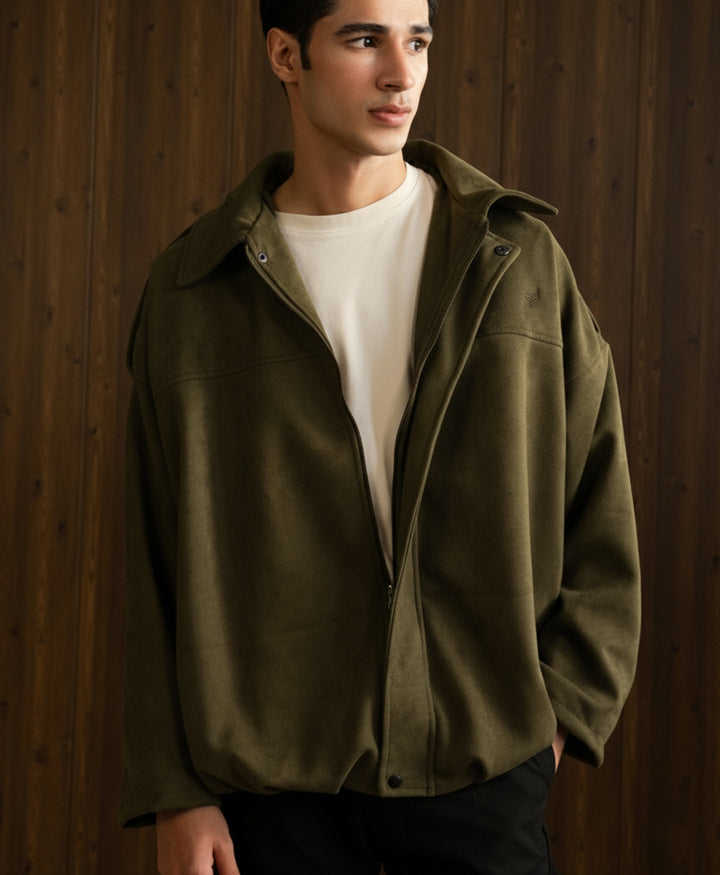 Olive Suede Bomber Jacket
