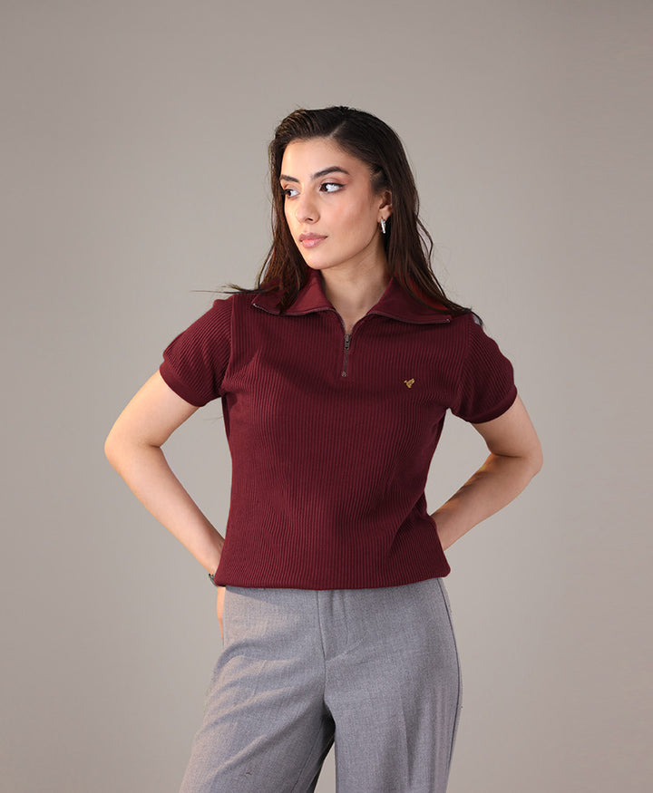 Maroon Waffle Zip POLO (Women)