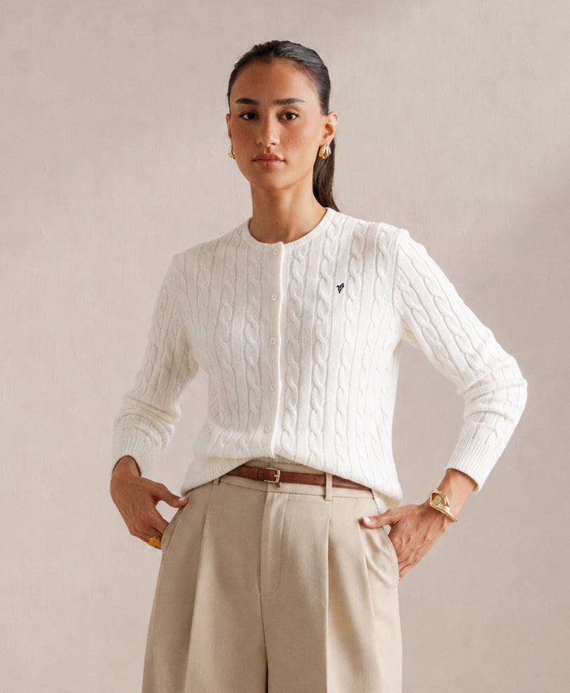 White Cable Knit Cardigan (Women)