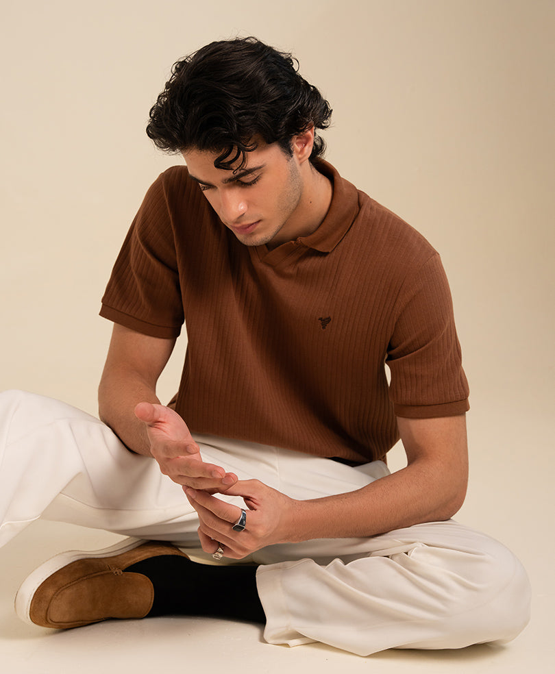 Mocha Brown Fine Drop Needle V-Neck POLO