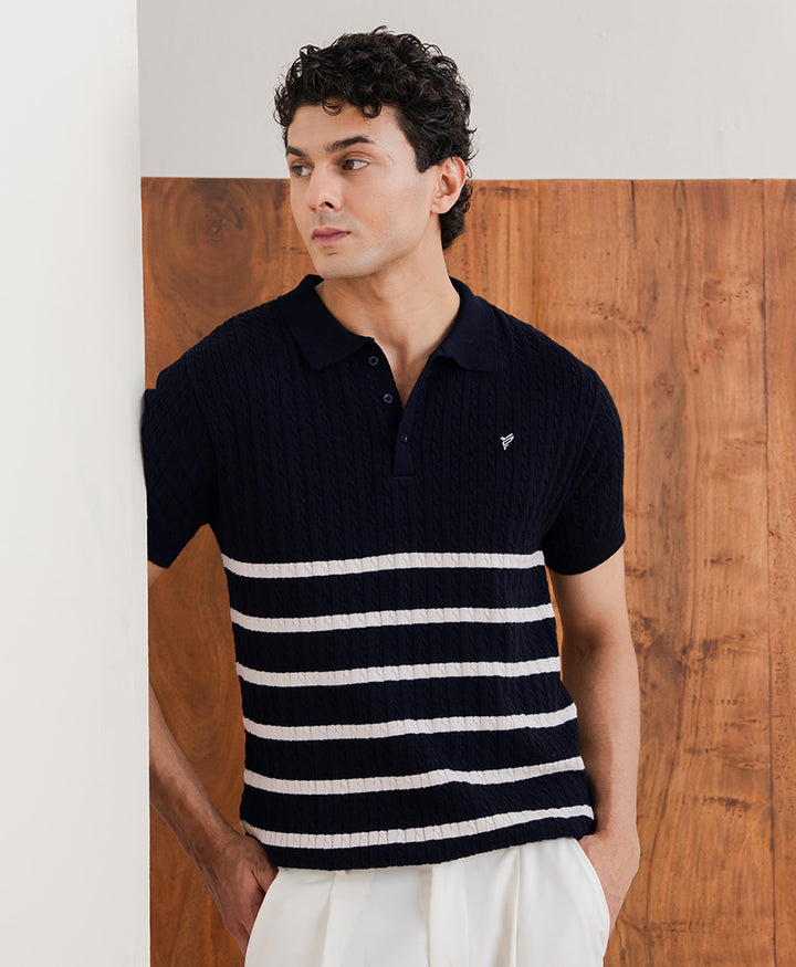 Navy Striped Cable Knit POLO