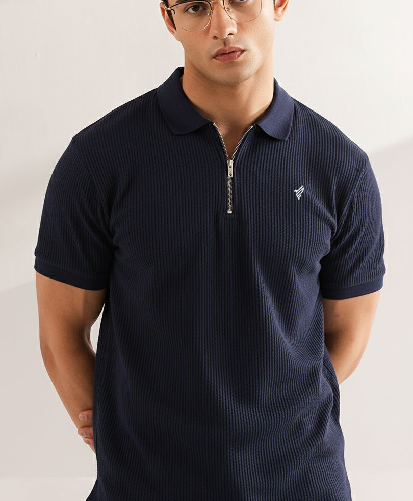 Navy Waffle Zip POLO
