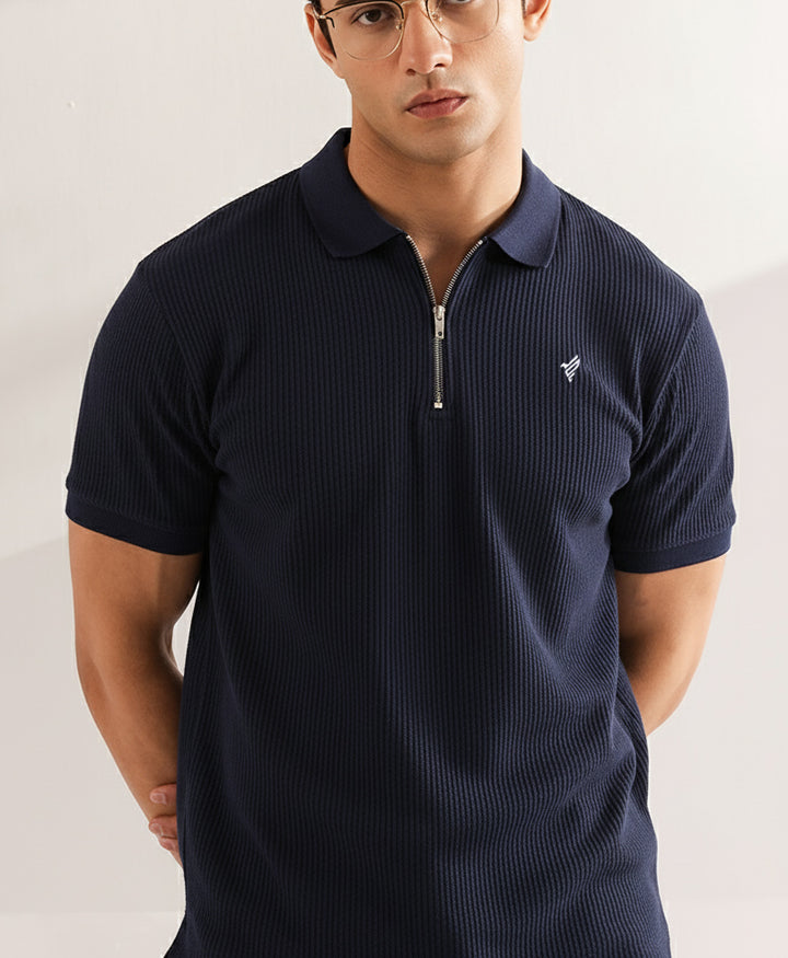 Navy Waffle Zip POLO