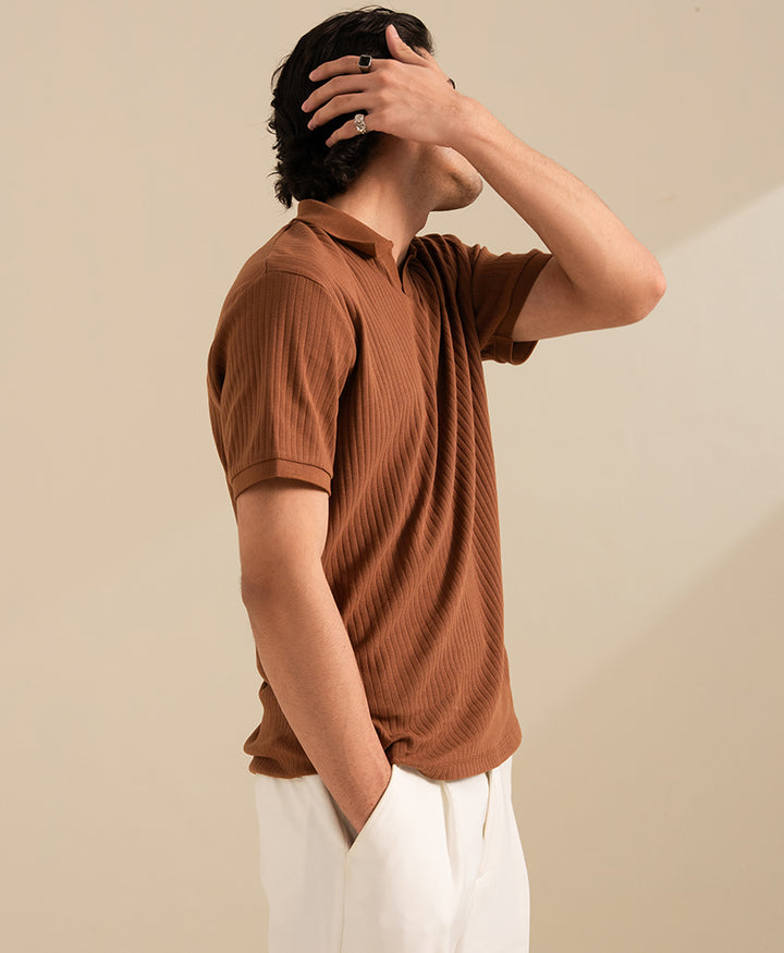 Mocha Brown Fine Drop Needle V-Neck POLO