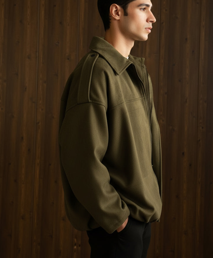 Olive Suede Bomber Jacket