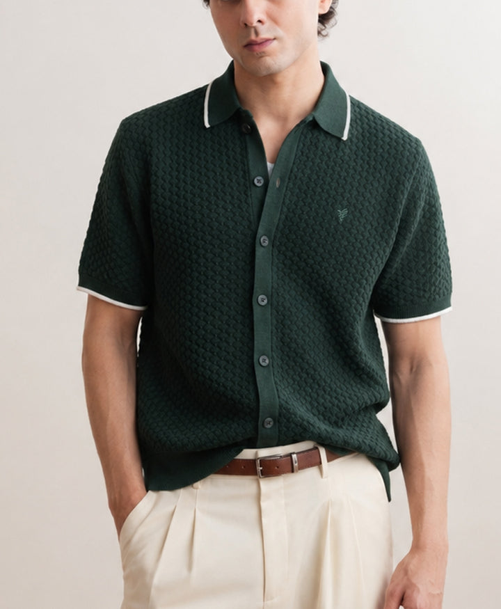 Chain Knit POLO Cardigan Forest Green