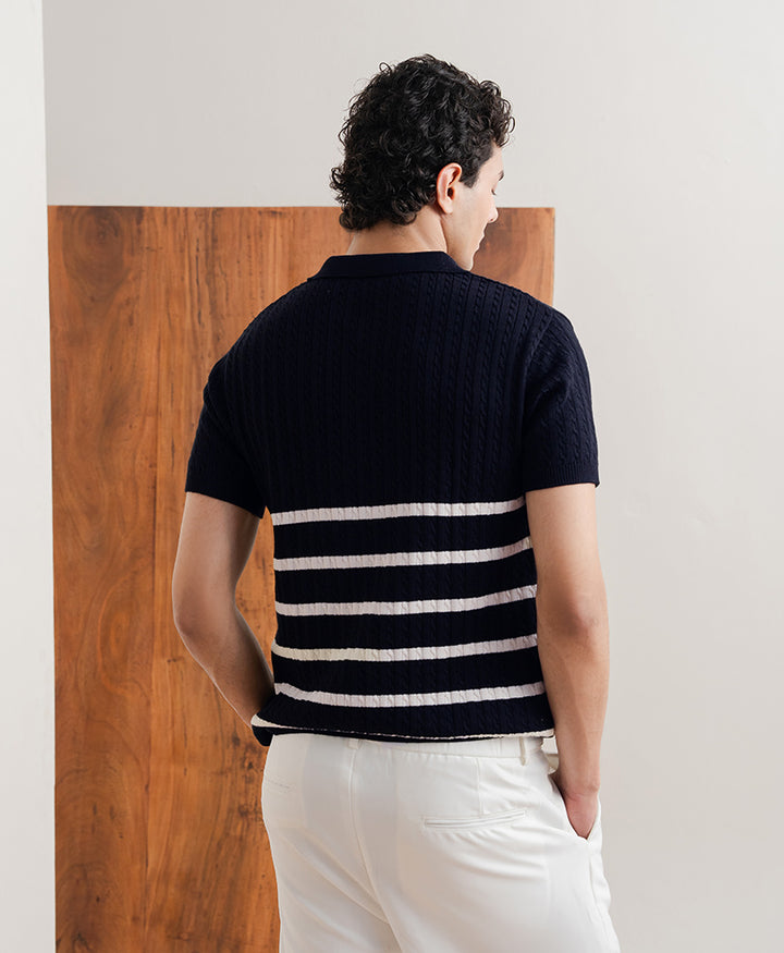 Navy Striped Cable Knit POLO
