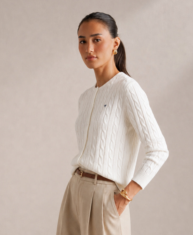 White Cable Knit Cardigan (Women)