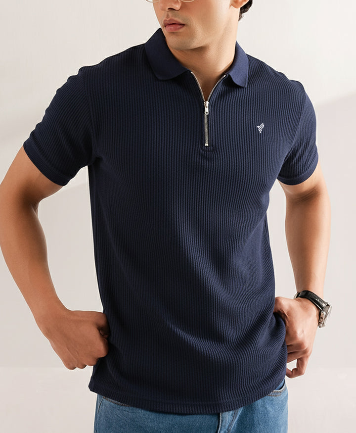 Navy Waffle Zip POLO