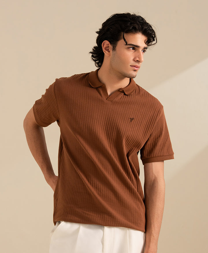 Mocha Brown Fine Drop Needle V-Neck POLO