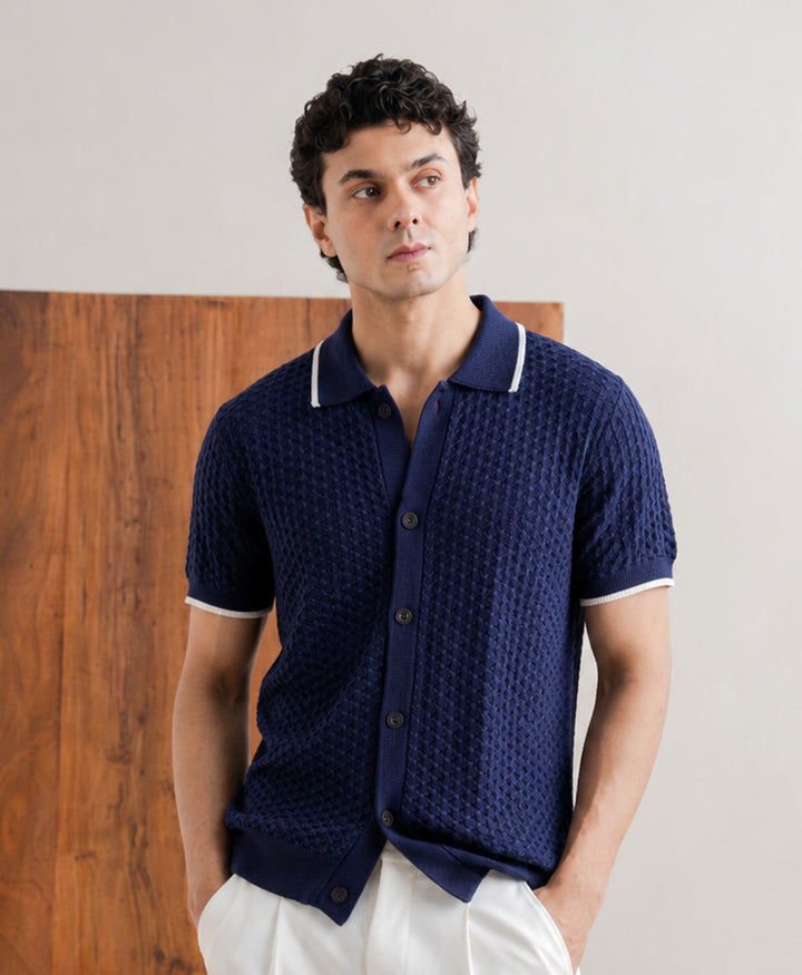 Chain Knit POLO Cardigan Navy