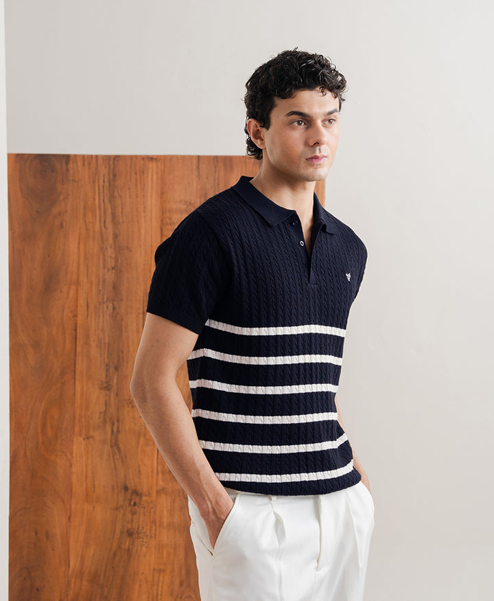 Navy Striped Cable Knit POLO