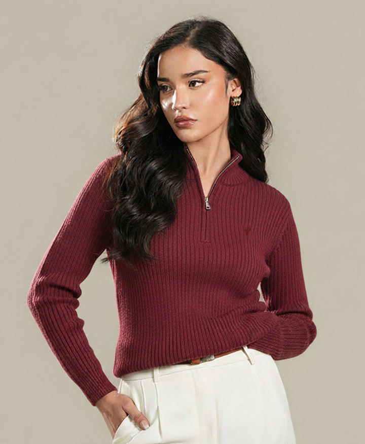 Maroon Mock Neck Zipper Sweater (Women)