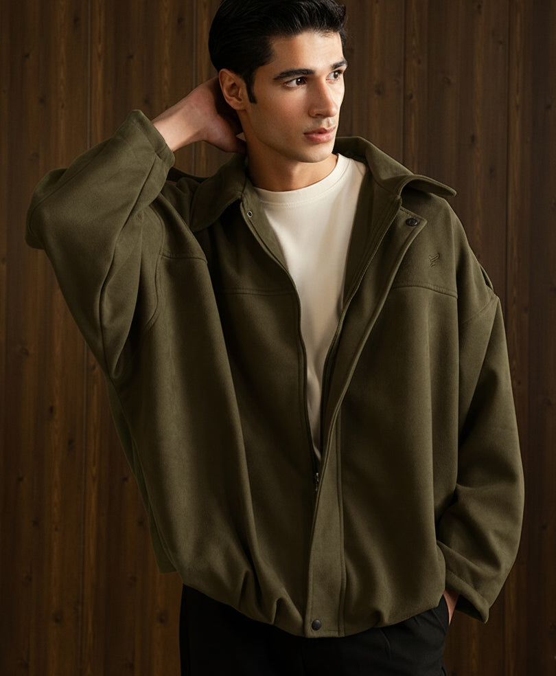 Olive Suede Bomber Jacket