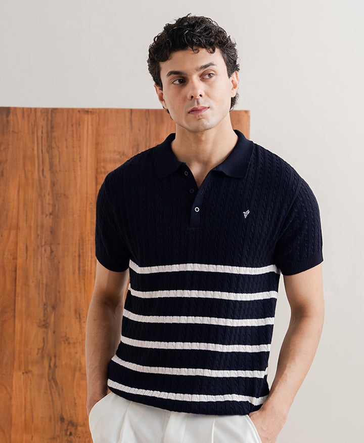 Navy Striped Cable Knit POLO