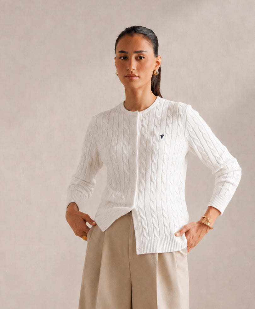 White Cable Knit Cardigan (Women)