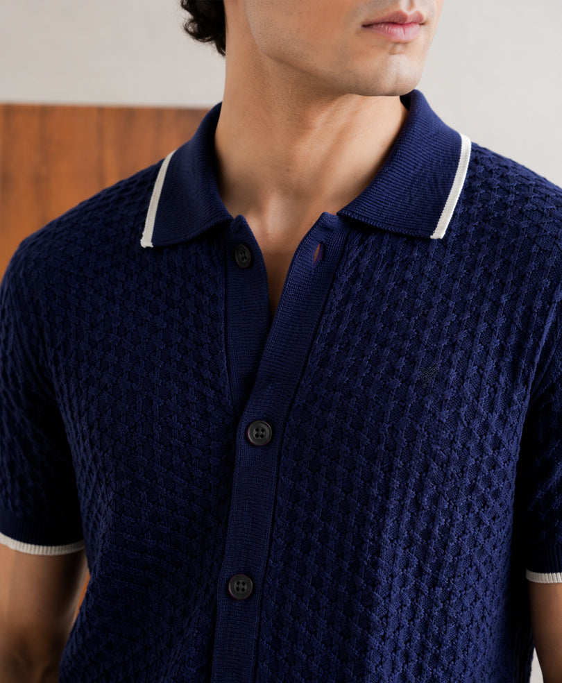 Chain Knit POLO Cardigan Navy