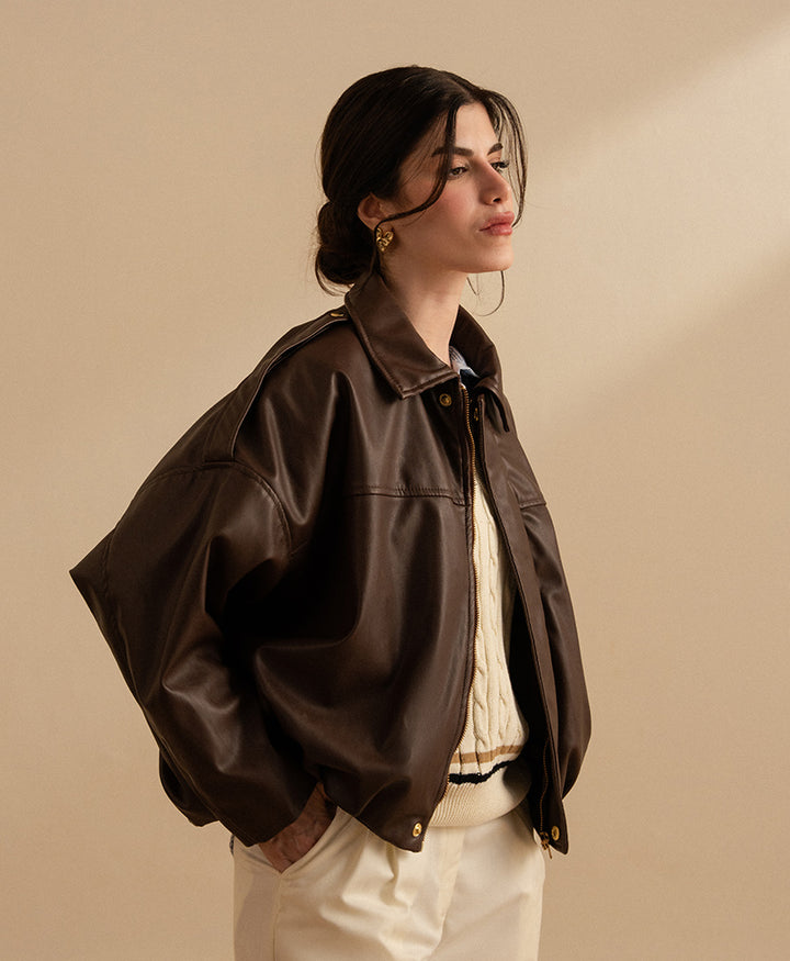 Textured Faux Leather Bomber Jacket (Women)