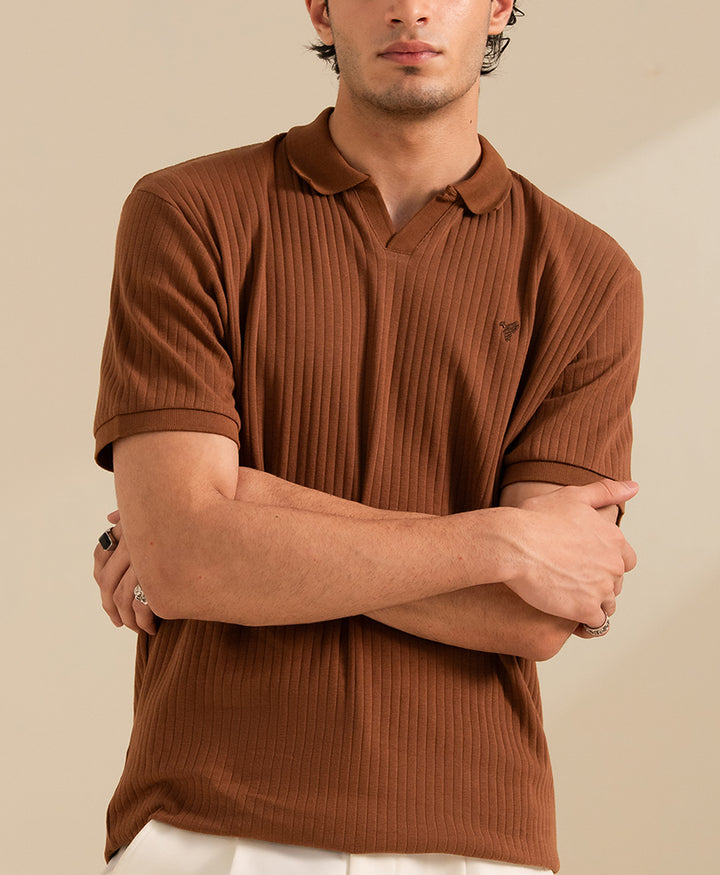 Mocha Brown Fine Drop Needle V-Neck POLO