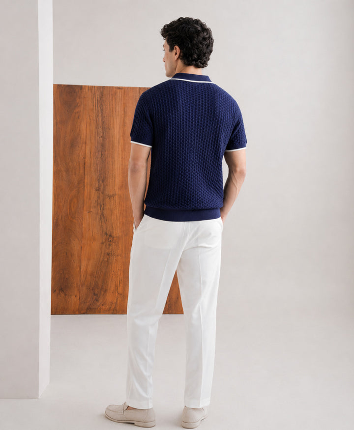 Chain Knit POLO Cardigan Navy