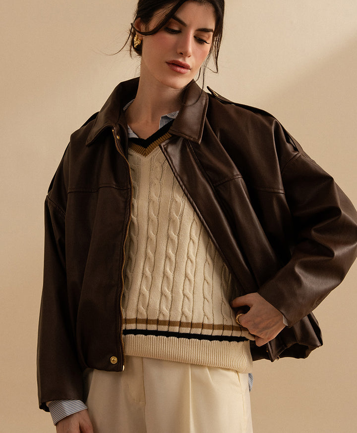 Textured Faux Leather Bomber Jacket (Women)