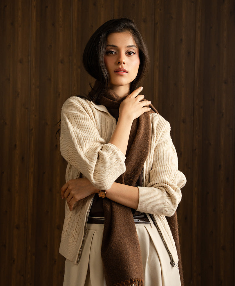 Cream Full Zip Cable Cardigan (Women)