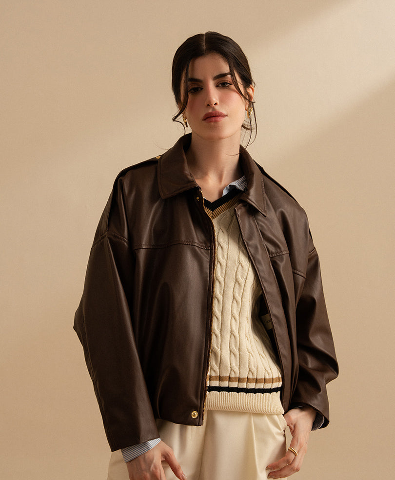 Textured Faux Leather Bomber Jacket (Women)