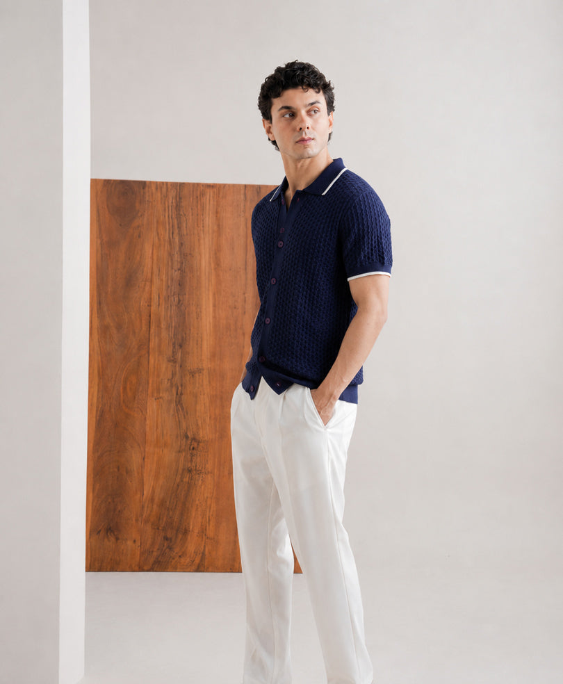 Chain Knit POLO Cardigan Navy