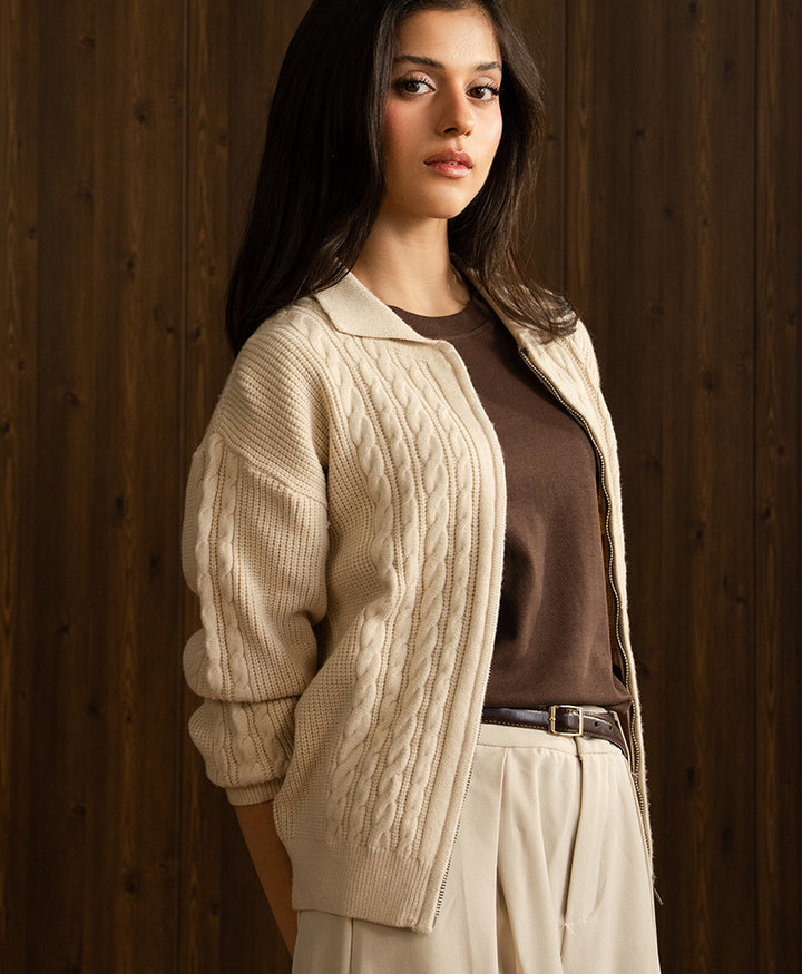 Cream Full Zip Cable Cardigan (Women)