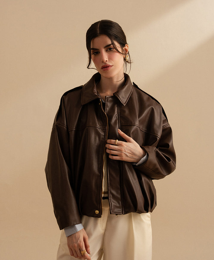 Textured Faux Leather Bomber Jacket (Women)