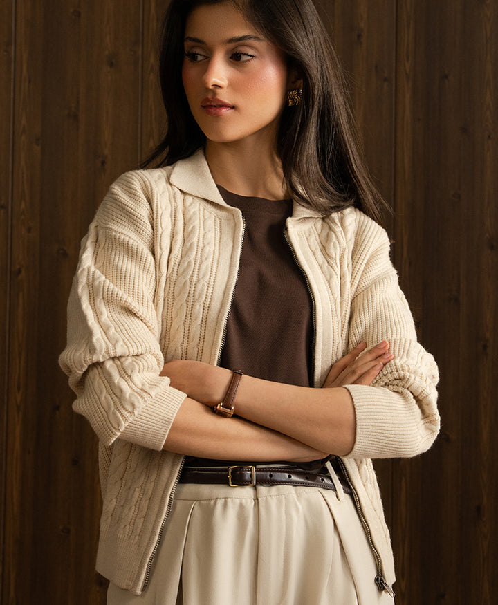 Cream Full Zip Cable Cardigan (Women)