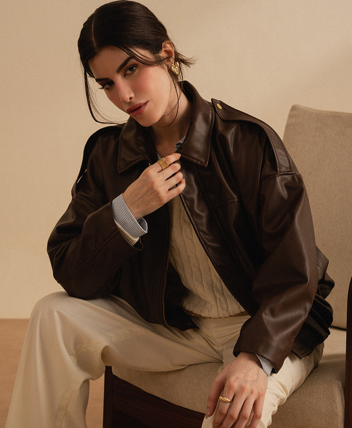 Textured Faux Leather Bomber Jacket (Women)