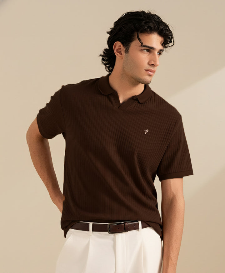 Chocolate Fine Drop Needle V-Neck POLO