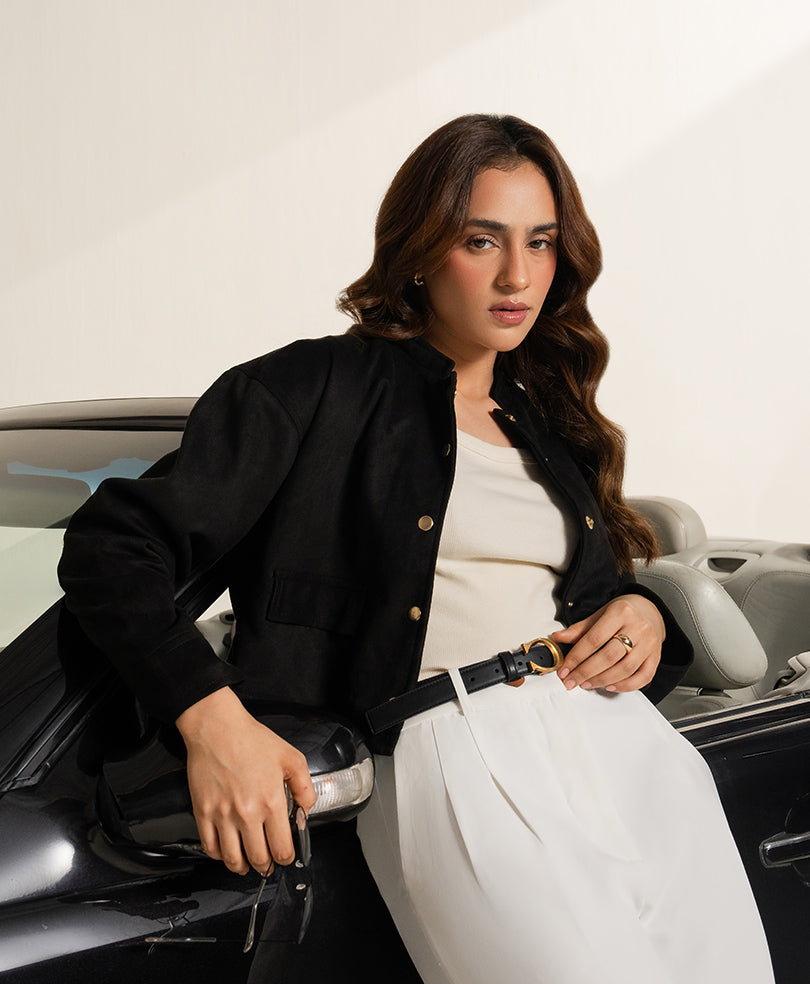 Black Cropped Suede Jacket (Women)