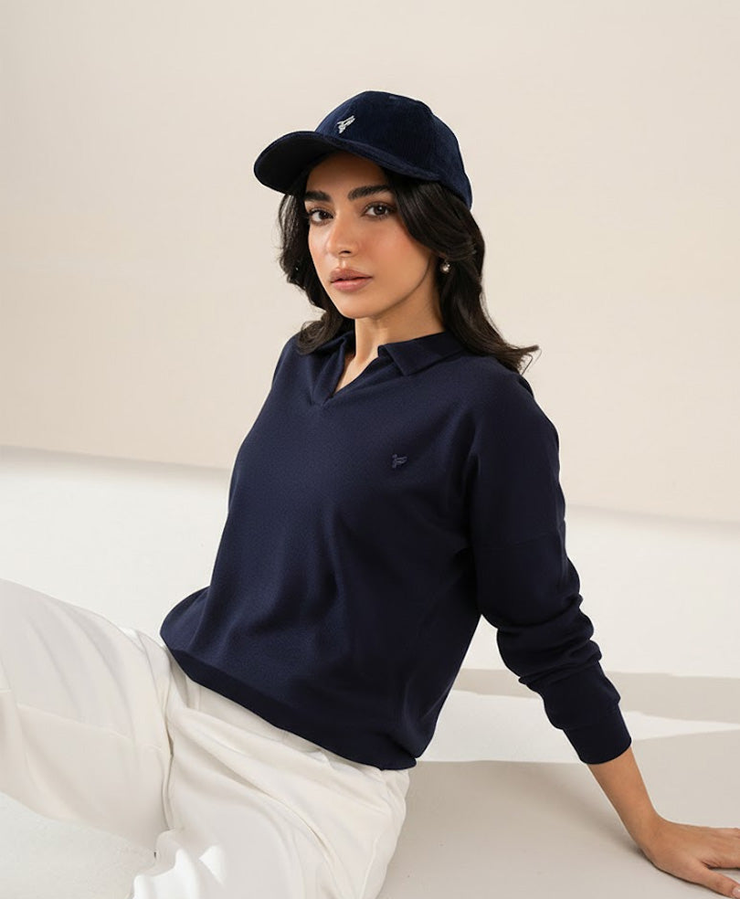 Navy Interlock Full Sleeve Polo (Women)