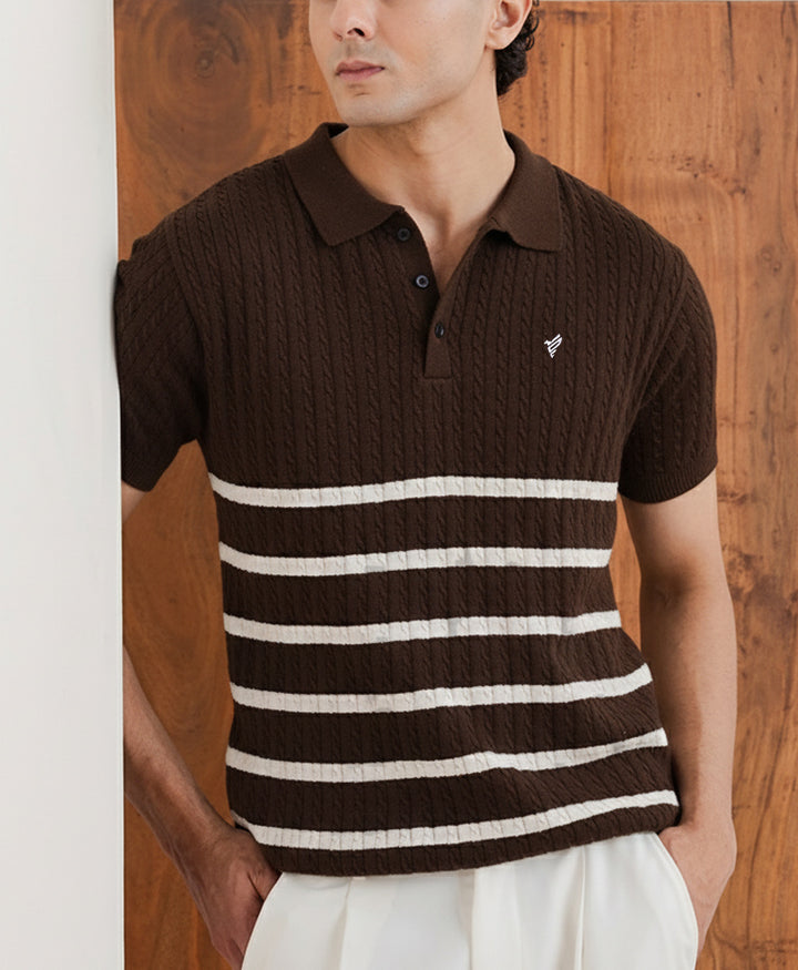 Chocolate Striped Cable Knit POLO