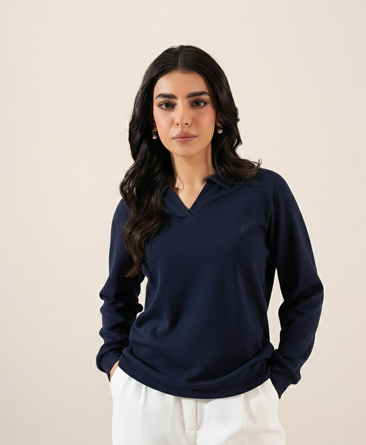 Navy Interlock Full Sleeve Polo (Women)