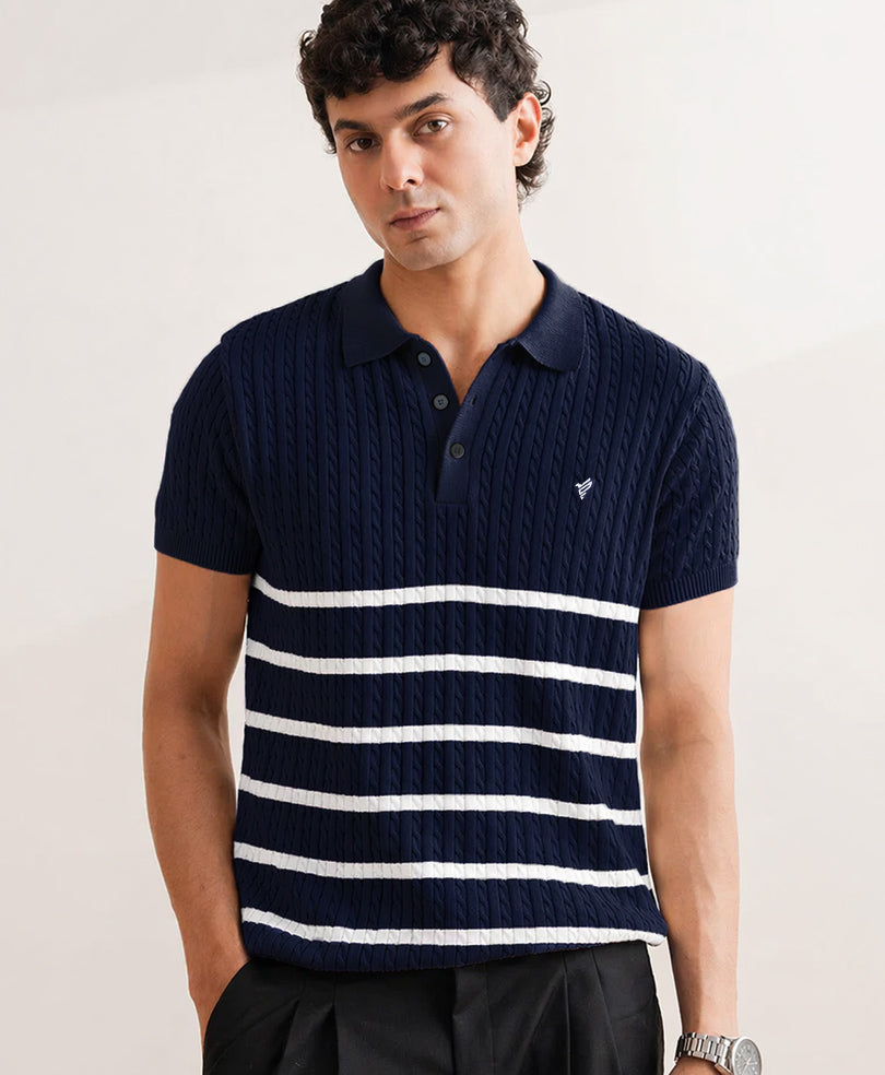 Navy Striped Cable Knit POLO