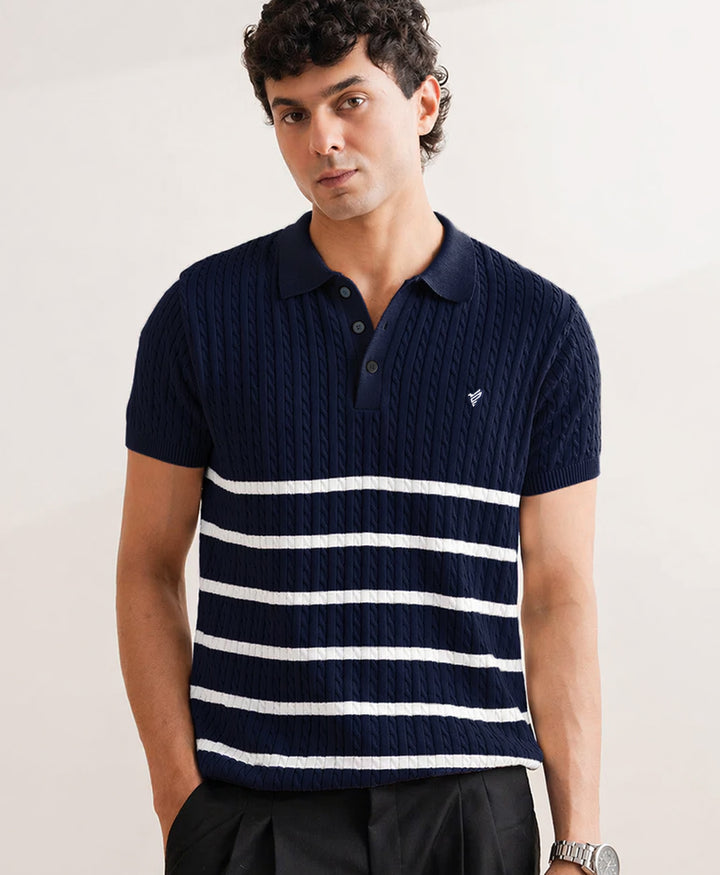 Navy Striped Cable Knit POLO