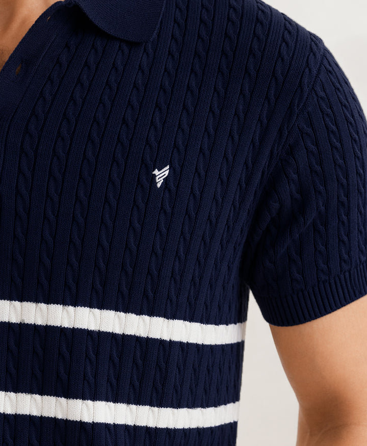 Navy Striped Cable Knit POLO