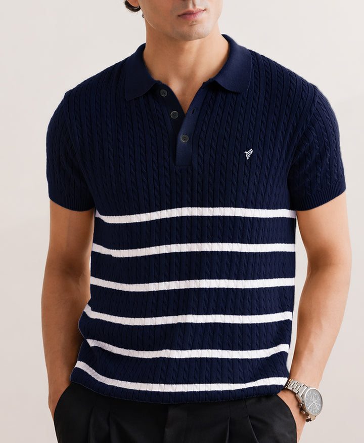 Navy Striped Cable Knit POLO