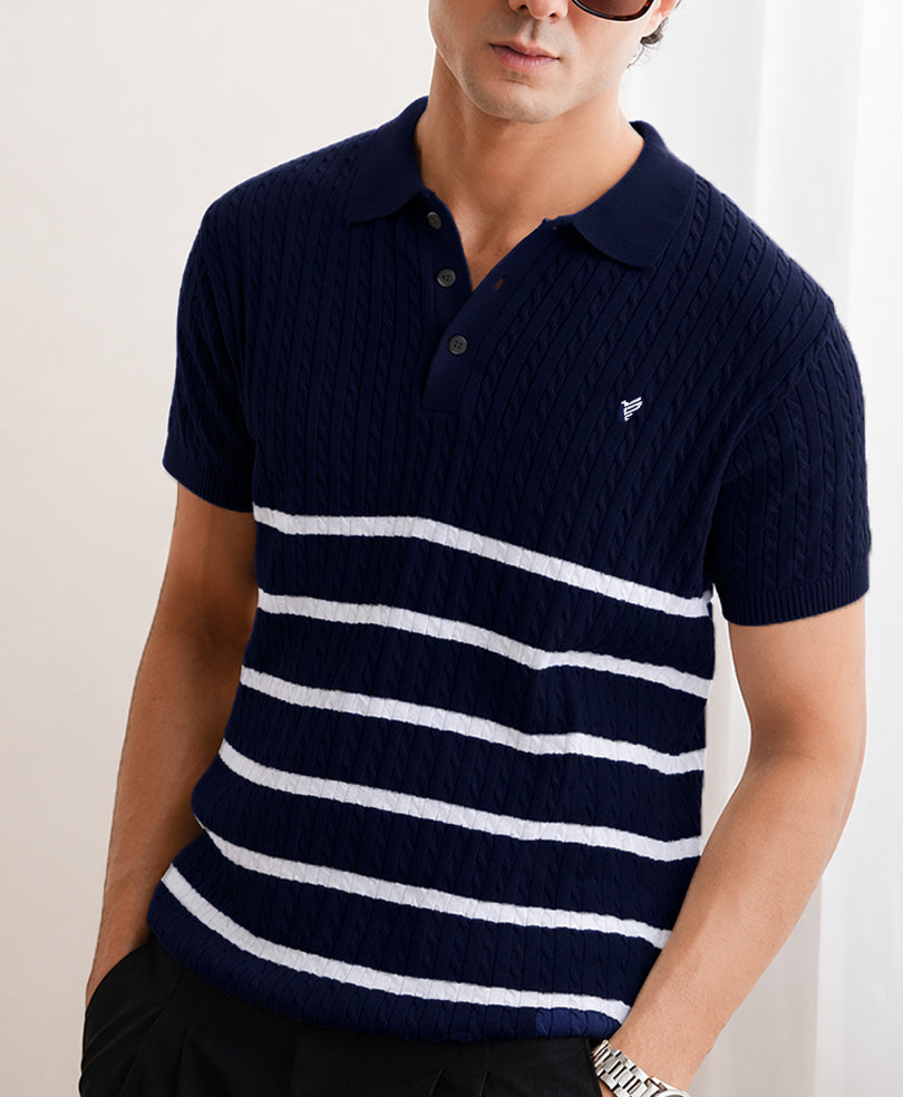 Navy Striped Cable Knit POLO