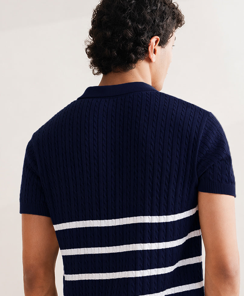 Navy Striped Cable Knit POLO