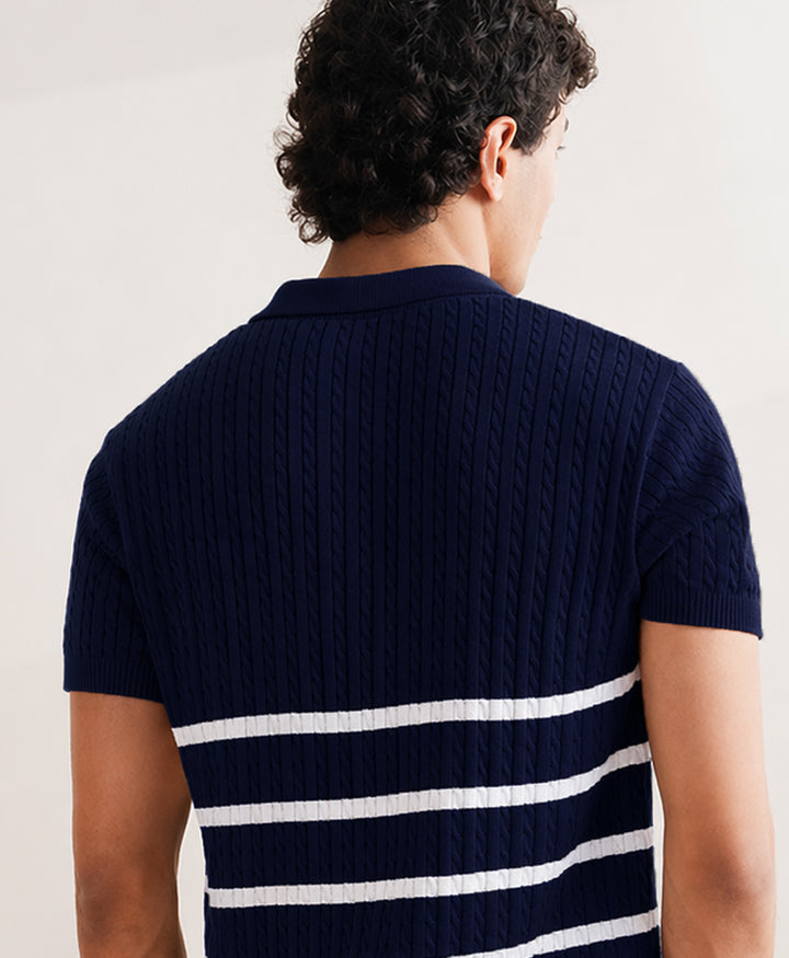 Navy Striped Cable Knit POLO