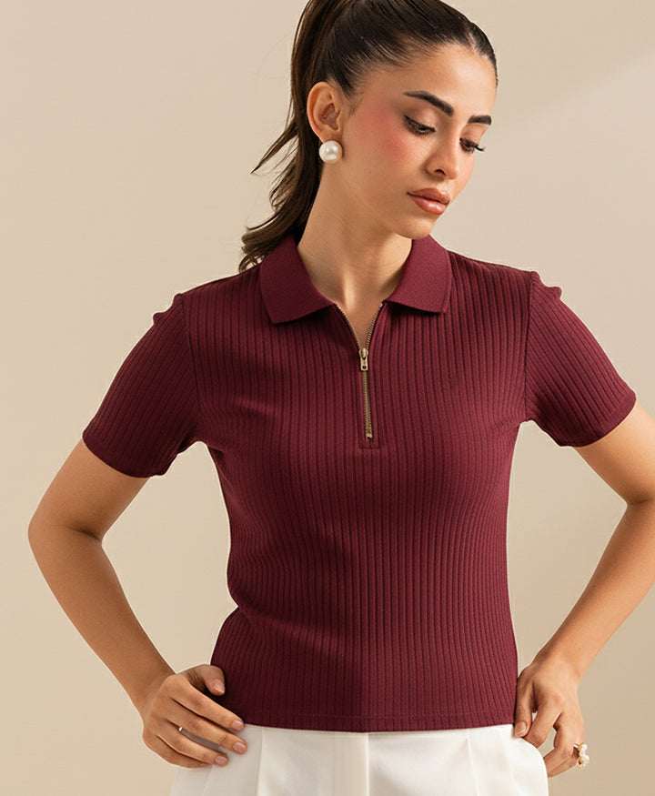 Maroon Fine Drop Needle Zip POLO (Women)
