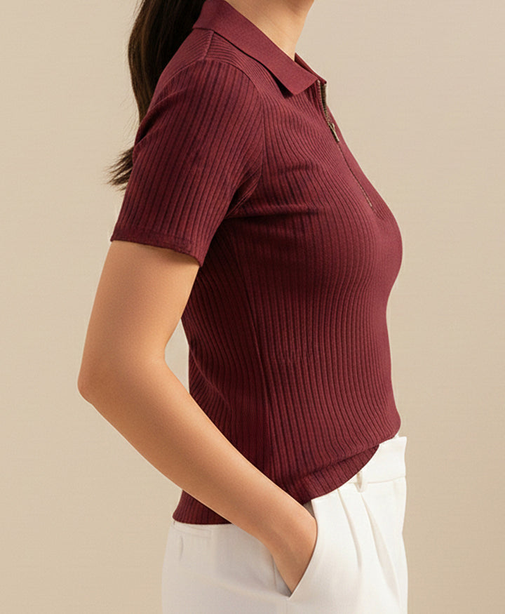 Maroon Fine Drop Needle Zip POLO (Women)